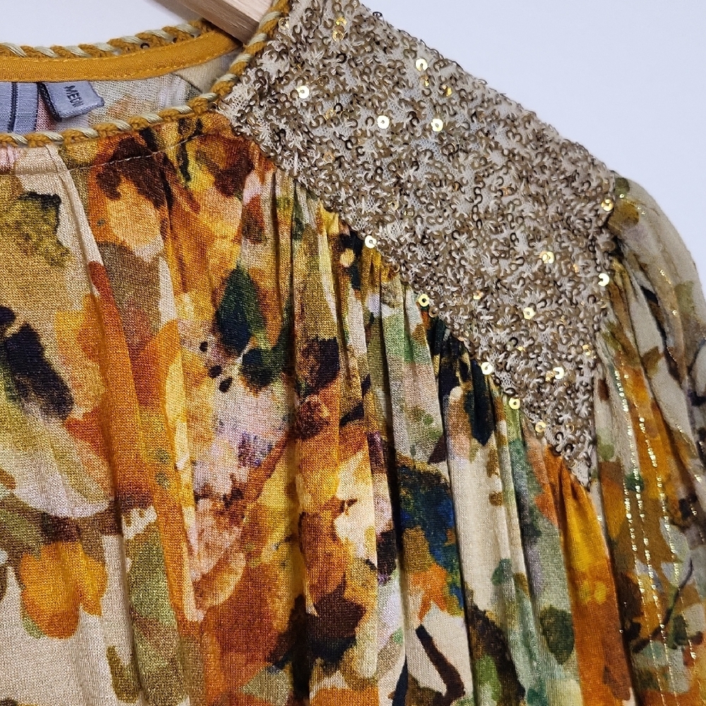 Anthropologie Floral Sequin Blouse in Gold and Cream - Picture 8 of 12